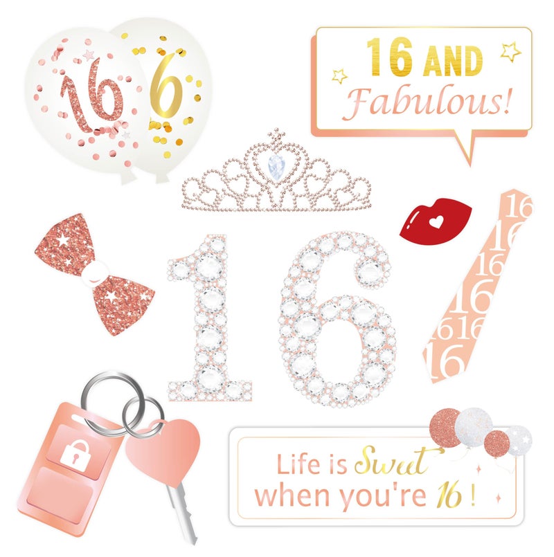 Konsait Rose Gold 16 Birthday Photo Booth Kit(30count), Sweet 16 Props Funny Chic Sweet Sixteen Photo Props with Sticks for Girls 16th Happy Birthday Party Favors Supplies Bday Party Decorations - Image 2
